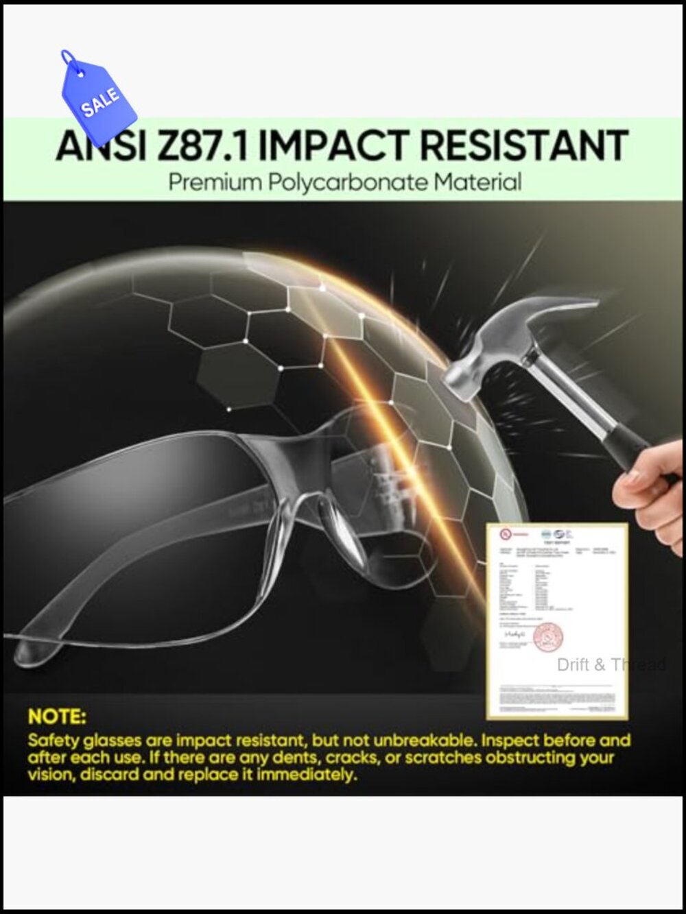Clear Safety Glasses Scratch Impact Resistant ANSI Z87.1 Unisex - Picture 3 of 7